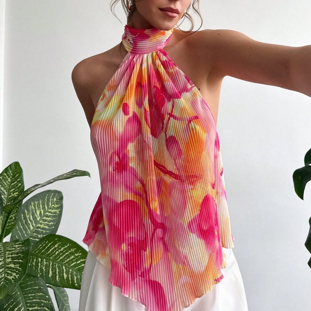 Casual Floral Pleated Halter Neck Women's Blouse - Picture 9 of 9